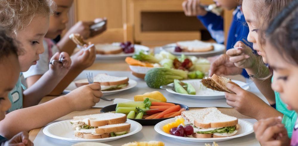 Uzun bir masada oturan çocuklar tabaklarındaki sandviç, üzüm, havuç ve salatalık dilimlerinden oluşan öğle yemeğini yiyor